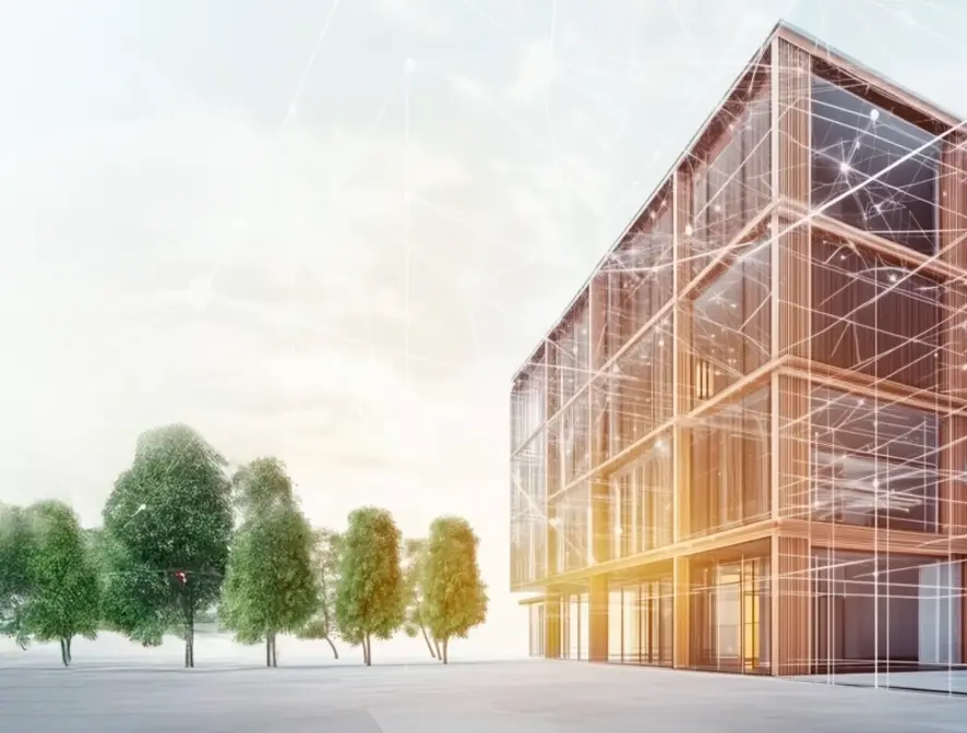 Kaasaegse büroohoone visualisatsioon puitfassaadiga